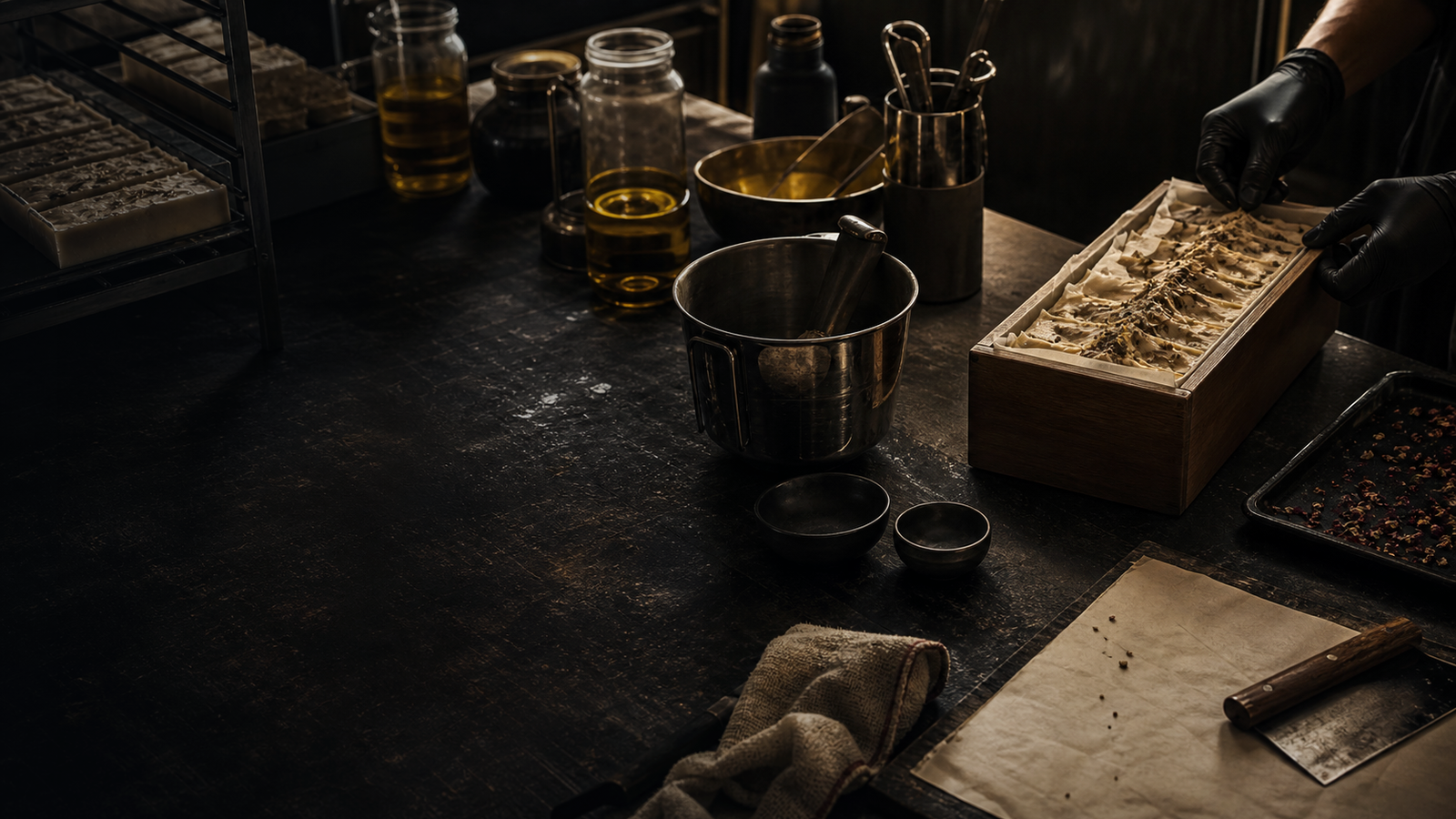 Coldstone maker bench with cold process soapmaking tools