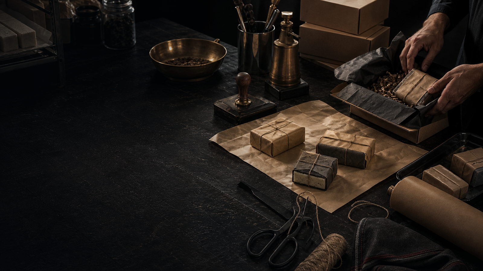 Coldstone packing bench with wrapped soap bars and rugged tools