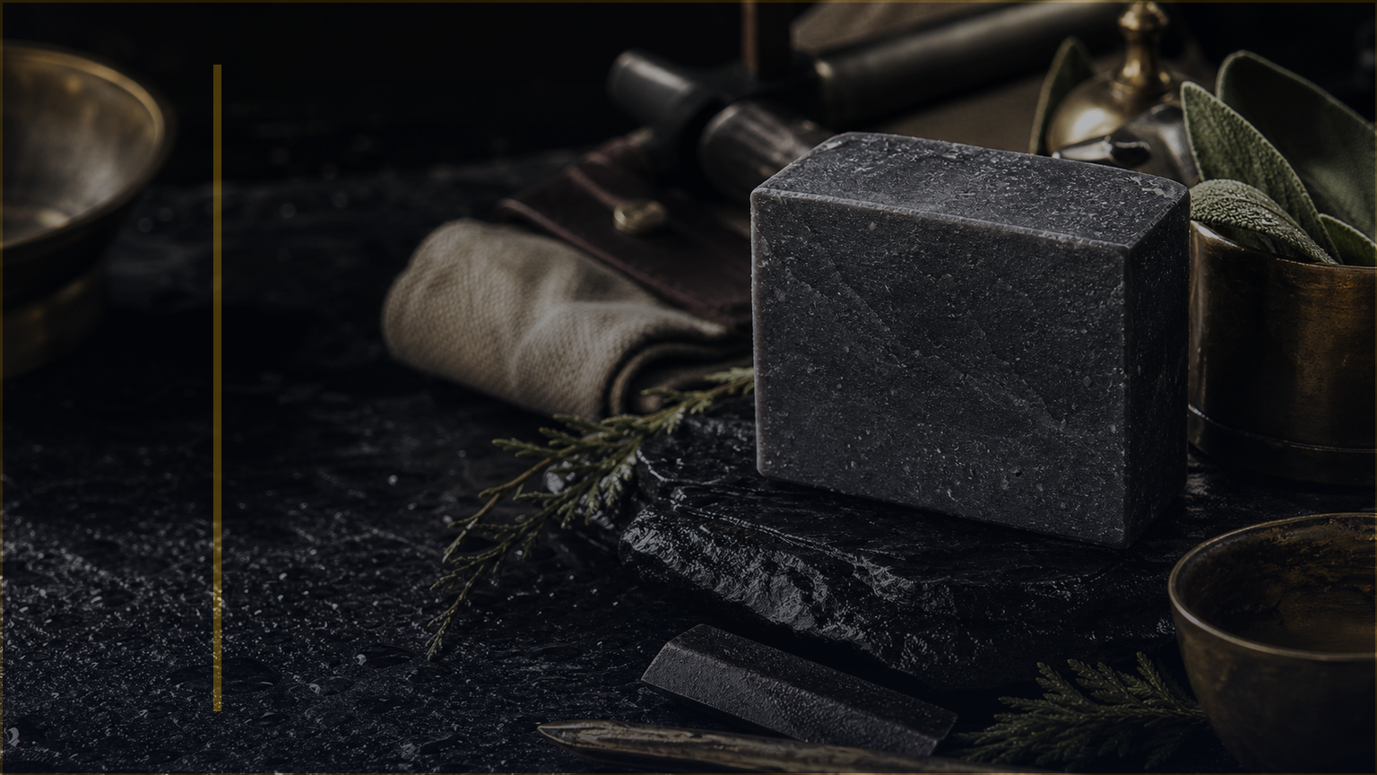 Photoreal Coldstone maker-bench lesson image for Colorant Families, showing charcoal, clays, oxides, micas, and botanicals on slate.