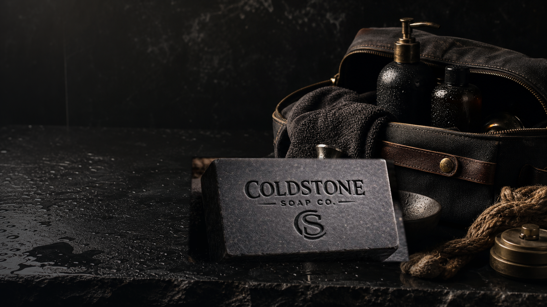 Coldstone Soap Co. bar in a rugged dopp kit sink ritual scene